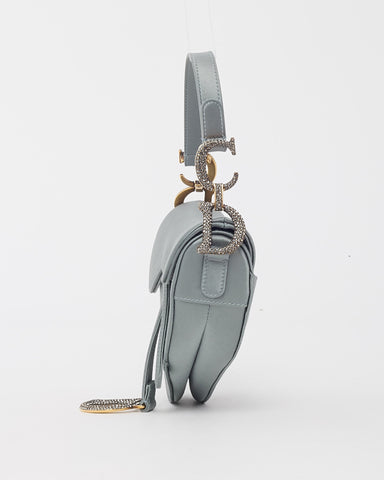 Dior Limited Edition Dust Blue Satin Crystal Embellished Mini Saddle Bag