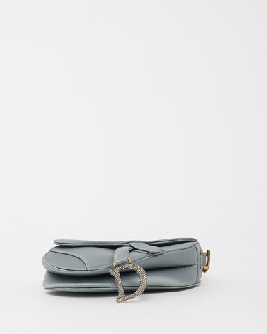 Dior Limited Edition Dust Blue Satin Crystal Embellished Mini Saddle Bag