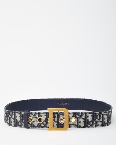 Dior Navy and White Monogram Oblique Jacquard Canvas Gold D DiorQuake Belt - 85
