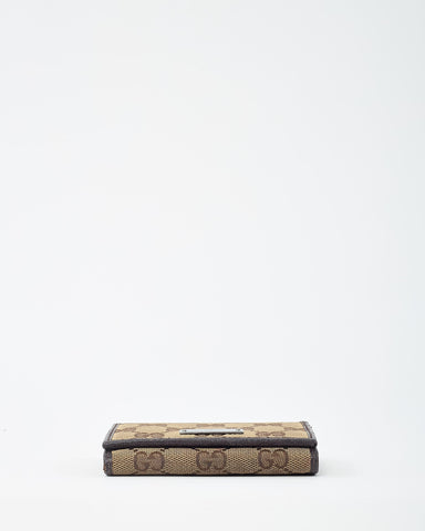 Gucci Dark Brown Leather and Beige and Brown GG Monogram Canvas Card Case Wallet