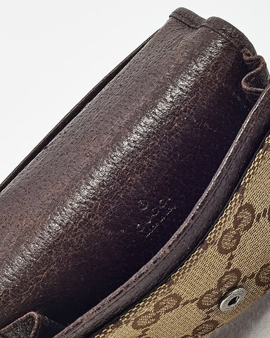 Gucci Dark Brown Leather and Beige and Brown GG Monogram Canvas Card Case Wallet