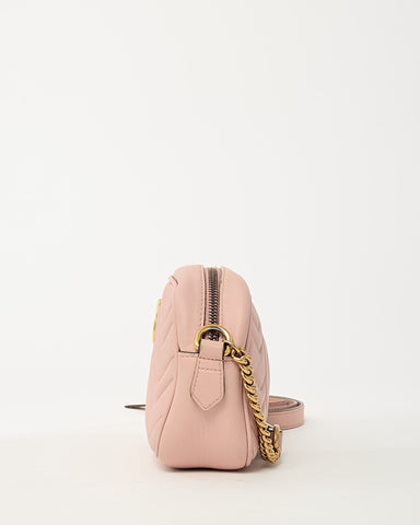 Gucci Pink Chevron Leather Mini Marmont Camera Bag GHW