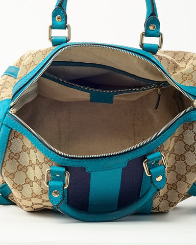 Gucci Blue Leather and Beige GG Monogram Canvas Blue Web Joy Boston Bag with Strap