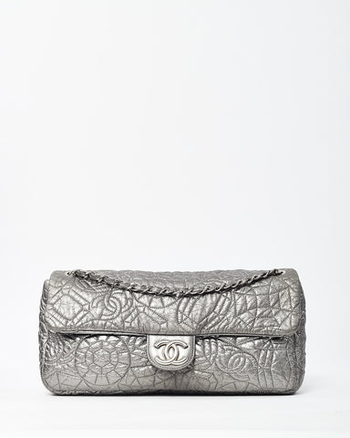 Chanel Silver Vinyl Graphic Edge Camellia Flower Accordion Flap Bag SHW
