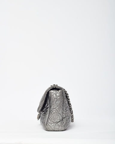 Chanel Silver Vinyl Graphic Edge Camellia Flower Accordion Flap Bag SHW