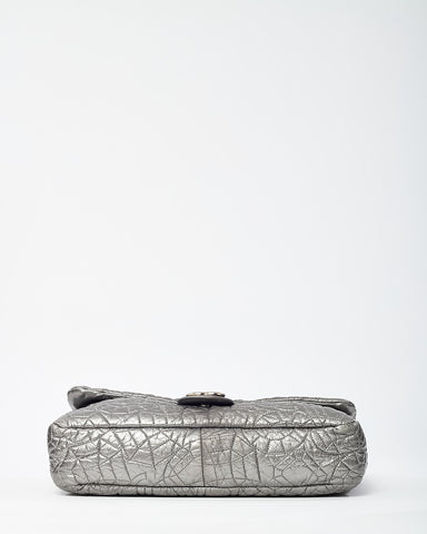 Chanel Silver Vinyl Graphic Edge Camellia Flower Accordion Flap Bag SHW