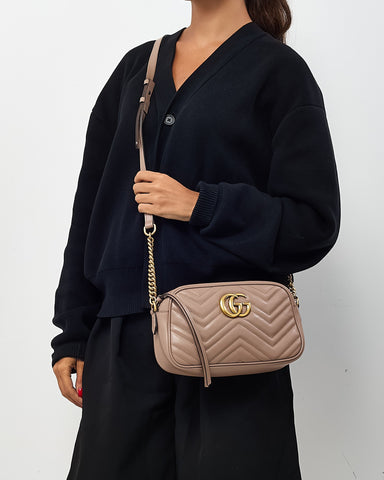 Gucci Dusty Rose Matelassé Leather GG Marmont Small Camera Crossbody Bag