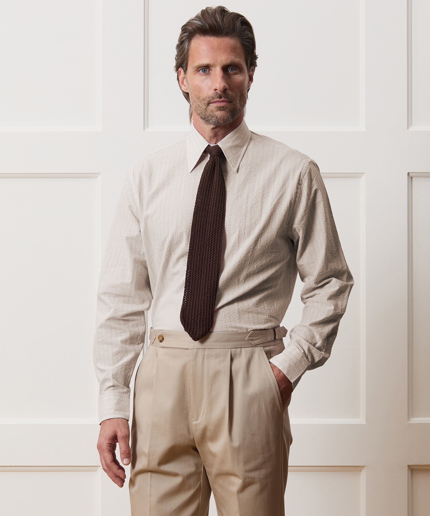 Seersucker Long Point Collar Dress Shirt
