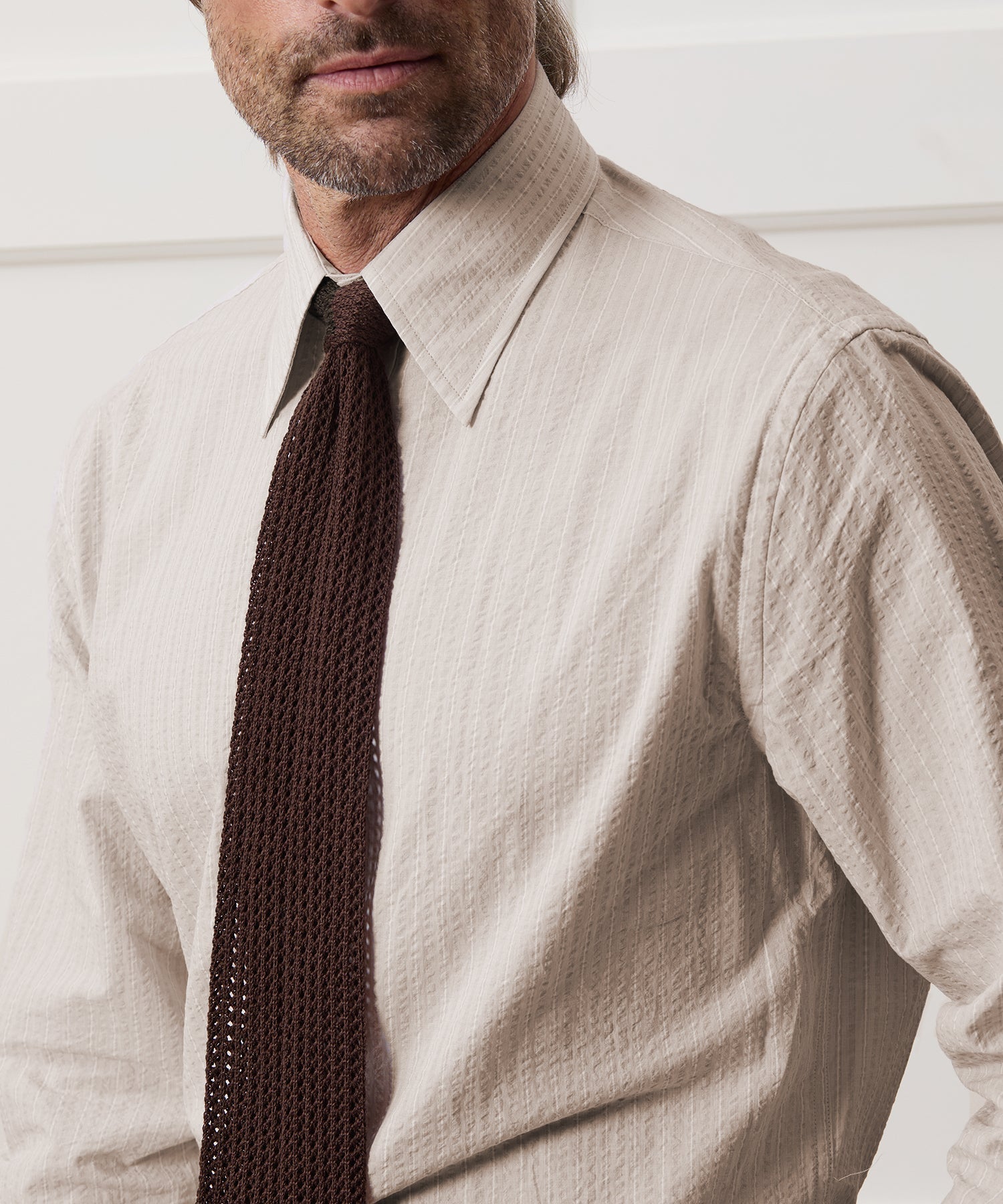 Seersucker Long Point Collar Dress Shirt