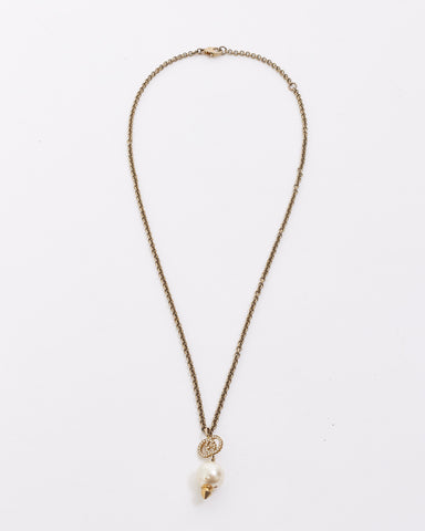 Gucci Gold Finish Metal Interlocking Crystal GG Pearl Necklace