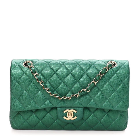 Metallic Caviar Quilted Medium Double Flap Green