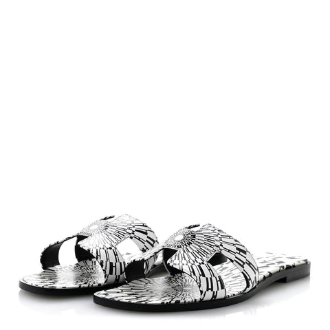 Calfskin Printed Op'H Oran Sandals 40.5 Black White