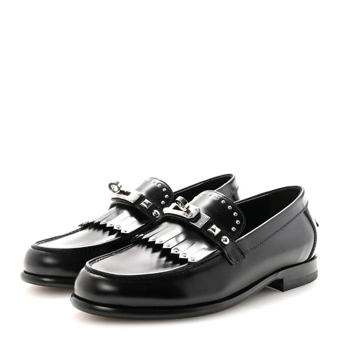 Glazed Calfskin Medor Studded Fringe Womens Destin Loafer 35 Black