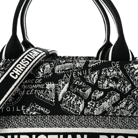 Calfskin Canvas Medium Plan De Paris Book Tote With Strap Black White