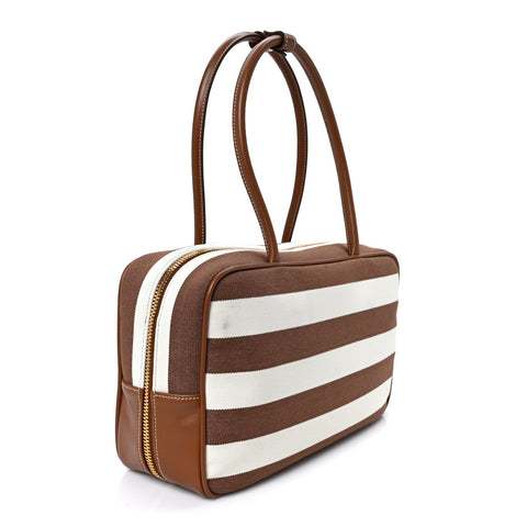 Canvas Calfskin Striped Large Beau Top Handle Bag Naturale Brandy