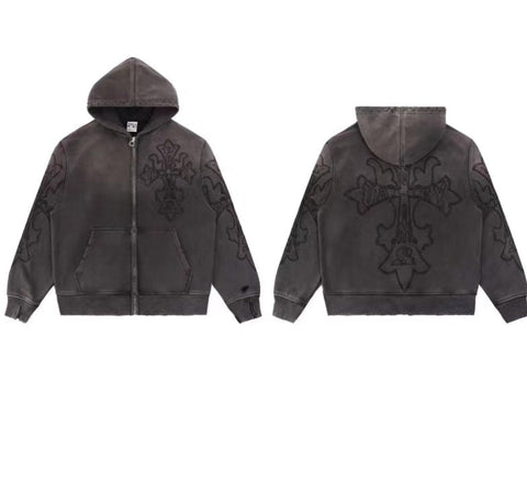 Vale Forever Vintage Gothic Cross Zip-Up Hoodie & Sweatpants Set - Charcoal / Washed Black