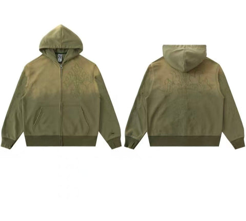 Vale Forever Vintage Gothic Cross Zip-Up Hoodie & Sweatpants Set - Olive Green