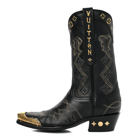 Calfskin LV Texan Mens Rider Boots 7.5 Black Gold