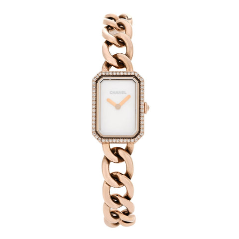 18K Beige Gold Diamond Bezel Mother of Pearl 16mm Chain Premiere Quartz Watch