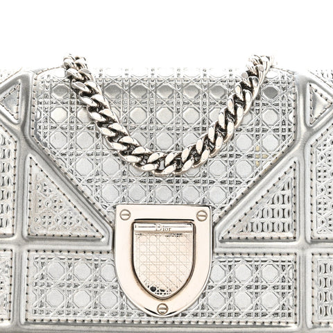 Metallic Patent Micro-Cannage Baby Diorama Flap Bag Silver